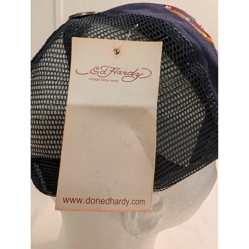 Ed Hardy Christian Audigier Vintage Trucker Hat Navy Rose Anchor Rhinestone NWT